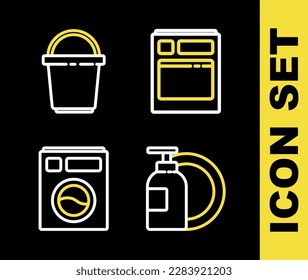 Set line Kitchen dishwasher machine, Dishwashing liquid bottle and plate, Washer and Bucket icon. Vector