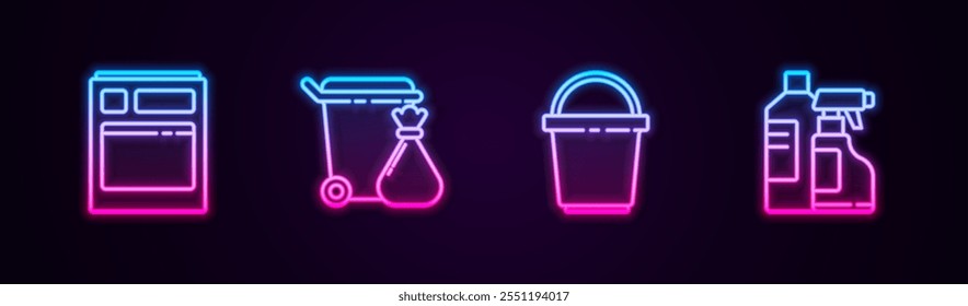 Set line Kitchen dishwasher machine, Trash can and garbage bag, Bucket and Bottles for cleaning agent. Glowing neon icon. Vector