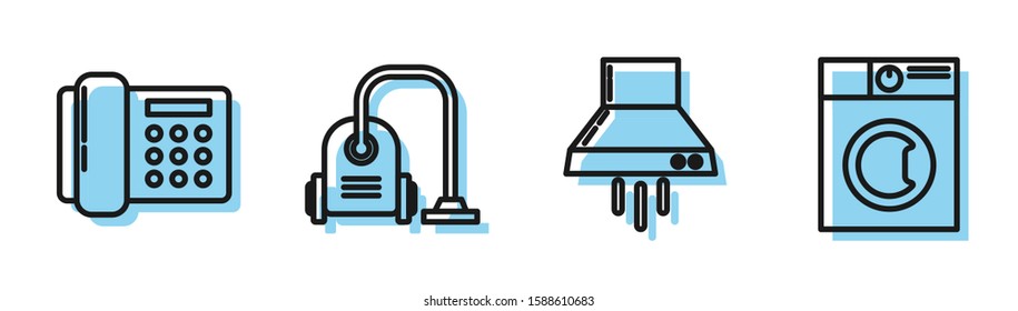Set line Kitchen extractor fan , Telephone , Vacuum cleaner  and Washer  icon. Vector