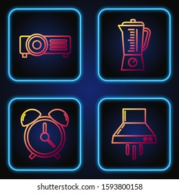 Set line Kitchen extractor fan , Alarm clock , Presentation, movie, film, media projector  and Blender . Gradient color icons. Vector