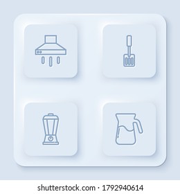 Fija la línea Ventilador del extractor de cocina, Espatula, Blender y Jug con agua. Botón cuadrado blanco. Vector