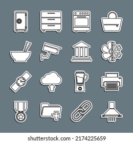 Set line Kitchen extractor fan, Printer, Air conditioner, Oven, Security camera, Bowl with chopsticks, Safe and Bank building icon. Vector