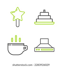 Set line Kitchen extractor fan, Coffee cup, Cake with burning candles and Lollipop icon. Vector