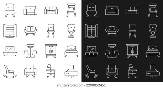 Set line Kitchen extractor fan, Big bed, Armchair, Sofa, Wardrobe,  and Chair icon. Vector