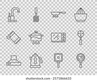 Set line Kitchen extractor fan, Fried eggs on frying pan, Frying, Electric kettle, Water tap, Cooking pot,  and Spatula icon. Vector