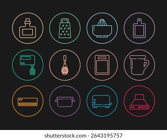 Set line Kitchen extractor fan, Coffee cup, Citrus fruit juicer, whisk, Electric mixer, Sauce bottle, Cutting board and Grater icon. Vector