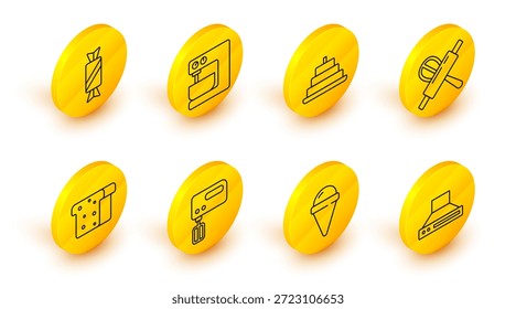 Ventilador extractor de cocina, helado en cono de gofre, mezclador eléctrico, pan tostado, batidor y rodillo, pastel con velas encendidas e icono de caramelo. Vector