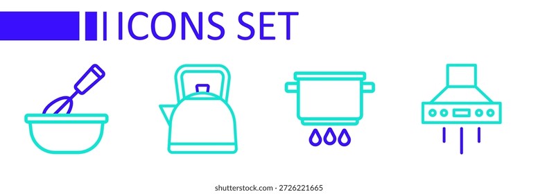 Set line ventilador extrator de cozinha, panela de cozinha em chamas, chaleira com alça e ícone de bacia de whisk. Vetor