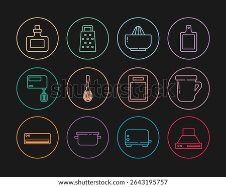 Set line Kitchen extractor fan, Coffee cup, Citrus fruit juicer, whisk, Electric mixer, Sauce bottle, Cutting board and Grater icon. Vector