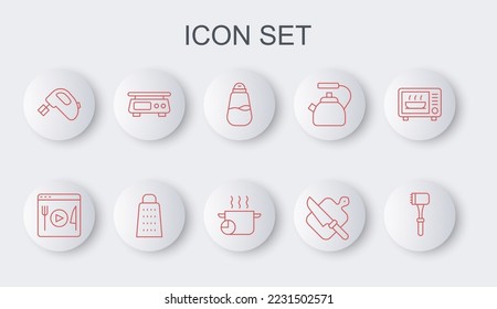 Línea Martillo de cocina, streaming en vivo de cocina, Sal, tabla de corte y cuchillo, Mezclador eléctrico, báscula electrónica, Icono de Grater y pot. Vector