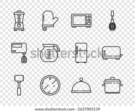 Set line Kitchen hammer, Cooking pot, Microwave oven, Cutting board, Blender, Coffee, Covered with tray and Toaster icon. Vector