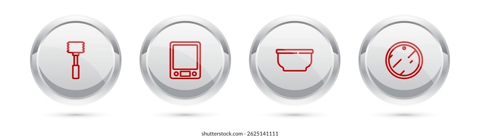 Set line Kitchen hammer, Electronic scales, Bowl and Cutting board. Silver circle button. Vector