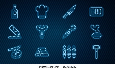 Set Küchenhammer, hausgemachter Kuchen, Fleischchopper, Wurst auf der Gabel, Ketchup-Flasche, Tabasco-Sauce, gegrillter Shish Kebab und Kochmützsymbol. Vektorgrafik