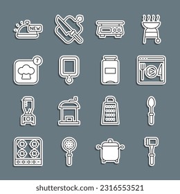 Línea Martillo de cocina, cuchara de té, streaming en vivo de cocina, báscula electrónica, tabla de corte, sombrero de chef, cubierta con bandeja de comida y icono de tarro de mermelada. Vector