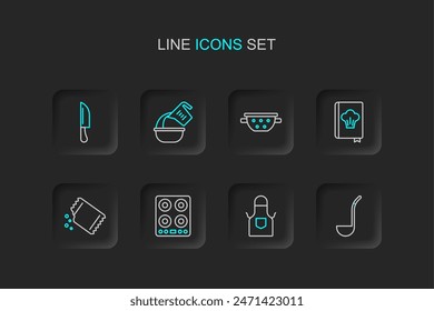 Set line Kitchen ladle, apron, Gas stove, Packet of pepper, Cookbook, colander, Measuring cup bowl and Knife icon. Vector