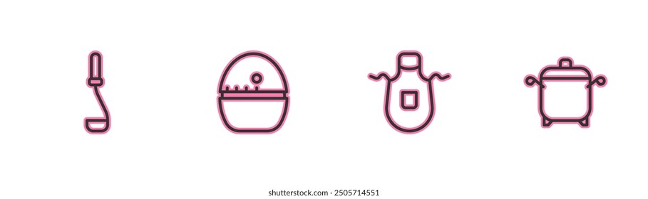 Set line Kitchen ladle, apron, timer and Cooking pot icon. Vector