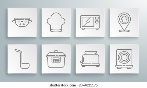 Set line Kitchen ladle, Chef hat, Slow cooker, Toaster, Electric stove, Microwave oven, with location and colander icon. Vector