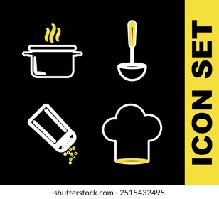 Set line Kitchen ladle, Chef hat, Salt and pepper and Cooking pot icon. Vector