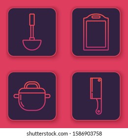 Set line Kitchen ladle , Cooking pot , Cutting board  and Meat chopper . Blue square button. Vector
