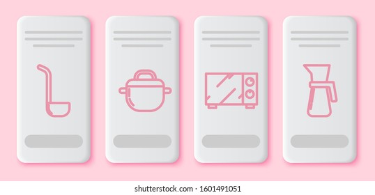 Set line Kitchen ladle , Cooking pot , Microwave oven  and Measuring cup. White rectangle button. Vector