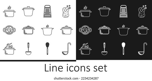 Set line Kitchen ladle, Cooking pot, Grater, soup,  and  icon. Vector