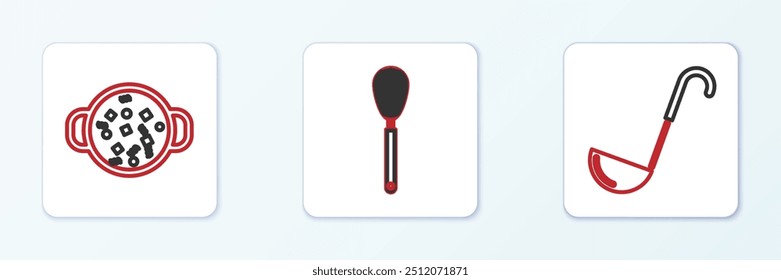 Set line Kitchen ladle, Cooking soup in pot and whisk icon. Vector