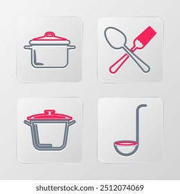 Set linha Concha de cozinha, Cozinhar pote, garfo cruzado e colher e ícone. Vetor