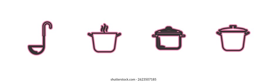 Set line Kitchen ladle, Cooking pot,  and  icon. Vector