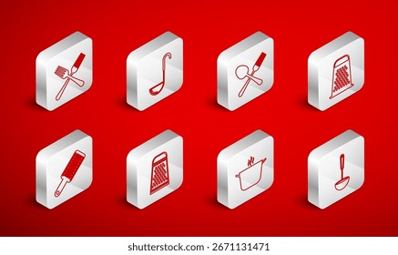 Set-Linie Küchenpfanne, Gabel und Löffel gekreuzt, Reibe, Kochtopf und Symbol. Vektorgrafik