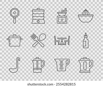 Set line Kitchen ladle, Electric kettle, Manual coffee grinder, Teapot, Frying pan, Crossed fork and spoon, Measuring cup and Bottle olive oil icon. Vector