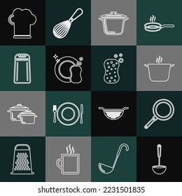 Set line Kitchen ladle, Frying pan, Cooking pot, Washing dishes, Salt and pepper, Chef hat and Sponge with bubbles icon. Vector