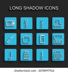 Set line Kitchen ladle, Grater, Microwave oven, Knife sharpener, Toaster with toasts, Cooking pot, Electronic scales and Refrigerator icon. Vector
