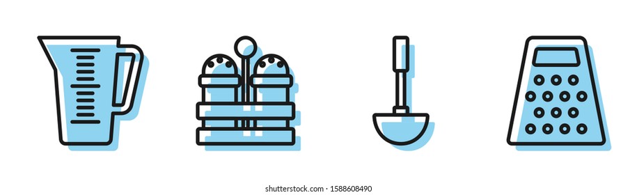 Set line Kitchen ladle , Measuring cup, Salt and pepper  and Grater  icon. Vector