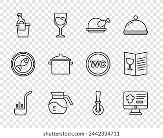 Set line Kitchen ladle, Online ordering and delivery, Roasted turkey chicken, Coffee pot, Champagne ice bucket, Cooking, Pizza knife and Restaurant cafe menu icon. Vector