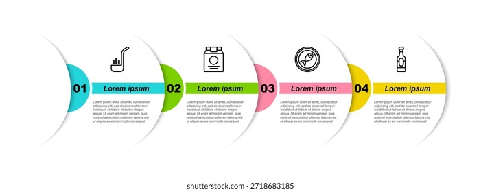 Set line Cuchara de cocina, Pedidos y entrega en línea, Pescado servido en plato y botella de vino. Plantilla de infografía de negocios. Vector