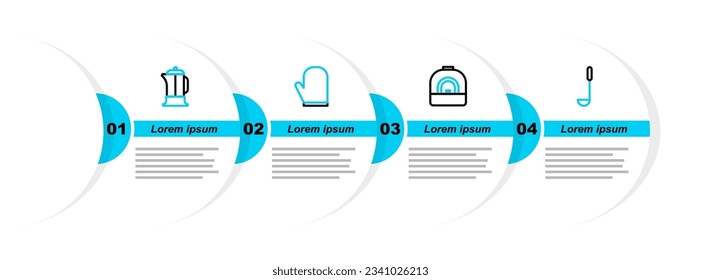 Set line Kitchen ladle, Oven, glove and French press icon. Vector