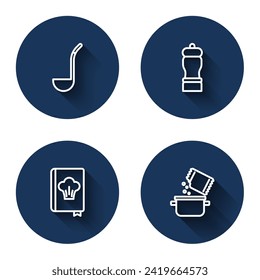 Set line Kitchen ladle, Pepper, Cookbook and Cooking pot and spice with long shadow. Blue circle button. Vector