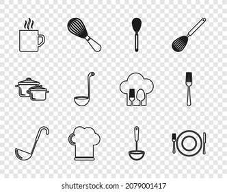 Set line Kitchen ladle, Plate, fork and knife, whisk, Chef hat, Coffee cup,  and Fork icon. Vector