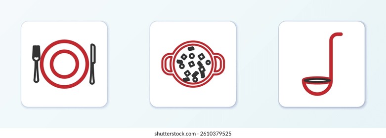 Set line Kitchen ladle, Plate, fork and knife and Cooking soup in pot icon. Vector