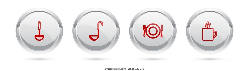 Set line Kitchen ladle, , Plate, fork and knife and Coffee cup. Silver circle button. Vector