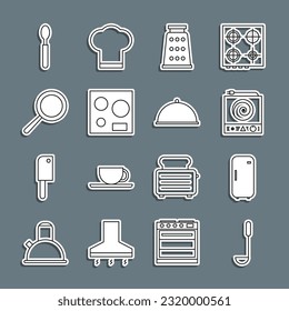 Set line Kitchen ladle, Refrigerator, Electric stove, Grater, Frying pan, Spoon and Covered with tray icon. Vector