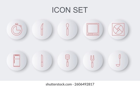 Set line Kitchen ladle, Refrigerator, Spoon, Barbecue fork, timer, Knife,  and Spatula icon. Vector