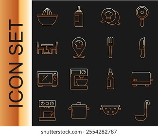 Set line Kitchen ladle, Toaster, Knife, Chef hat in speech bubble, with location, Wooden table chair, Citrus fruit juicer and Fork icon. Vector