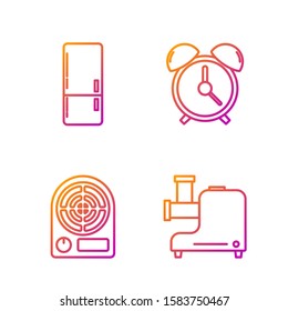 Set line Kitchen meat grinder , Electric heater , Refrigerator  and Alarm clock . Gradient color icons. Vector