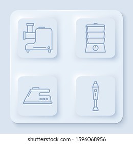 Set line Kitchen meat grinder , Double boiler , Electric iron  and Blender . White square button. Vector