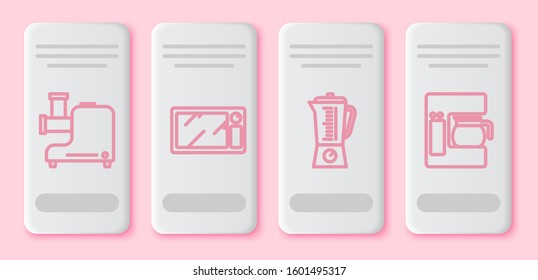 Set line Kitchen meat grinder , Microwave oven , Blender  and Coffee machine with glass pot . White rectangle button. Vector