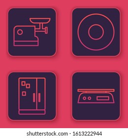 Set line Kitchen meat grinder, Refrigerator, Plate and Electronic scales. Blue square button. Vector