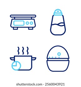 Set line Kitchen timer, Cooking pot, Salt and Electronic scales icon. Vector