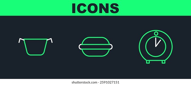 Set line Kitchen timer, Cooking pot and Macaron cookie icon. Vector