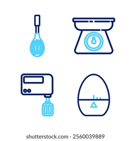 Set line Kitchen timer, Electric mixer, Scales and whisk icon. Vector